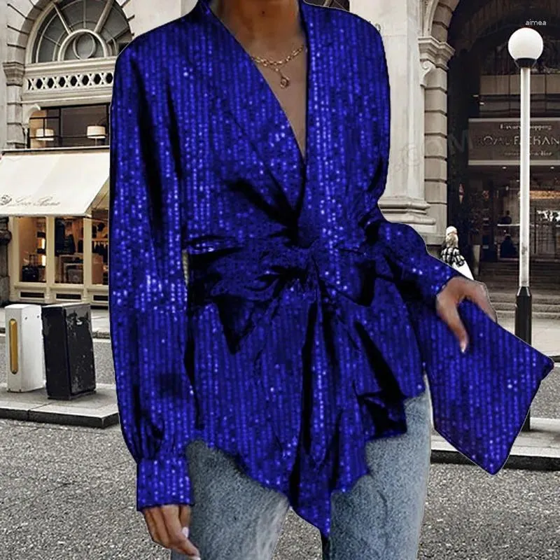 Trenchs de Femmes Automne Casual Lâche Solide Blazer Top Mode Sequin Lanterne Manches Femmes Manteau 2023 Élégante Dame Col Rabattu Noeud Papillon