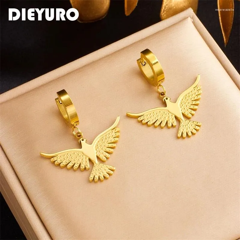 Hoopörhängen Dieyuro 316L Rostfritt stål Phoenix Bird for Women Girl Fashion Gold Color Ear Buckle Waterproof Jewelly Gift
