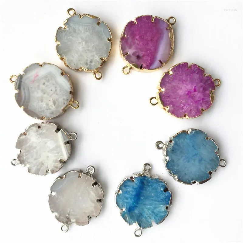 Pendentif Colliers 6pcs tranche de pierre naturelle or agates pendentifs charme connecteur cornaline 23x23mm couleur mélangée envoyée au hasard