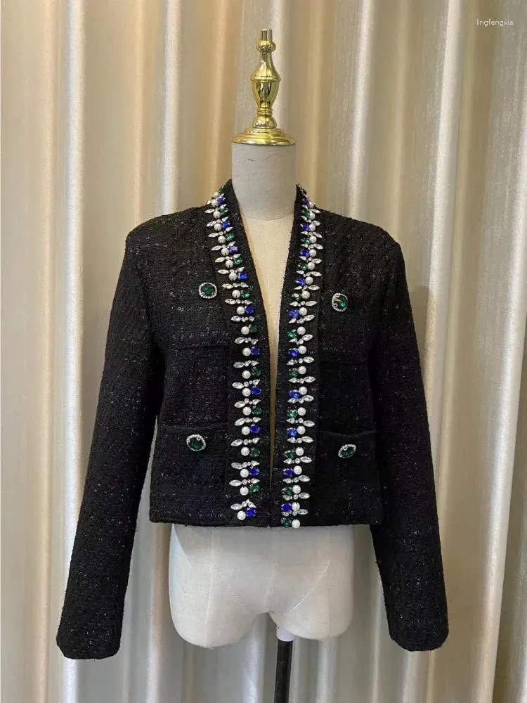 Women's Jackets Autumn Est 2023 Luxury Designer Fashion Diamonds Beading Shawl Collar Tweed Jacket Elegant Black Wool Short Coat