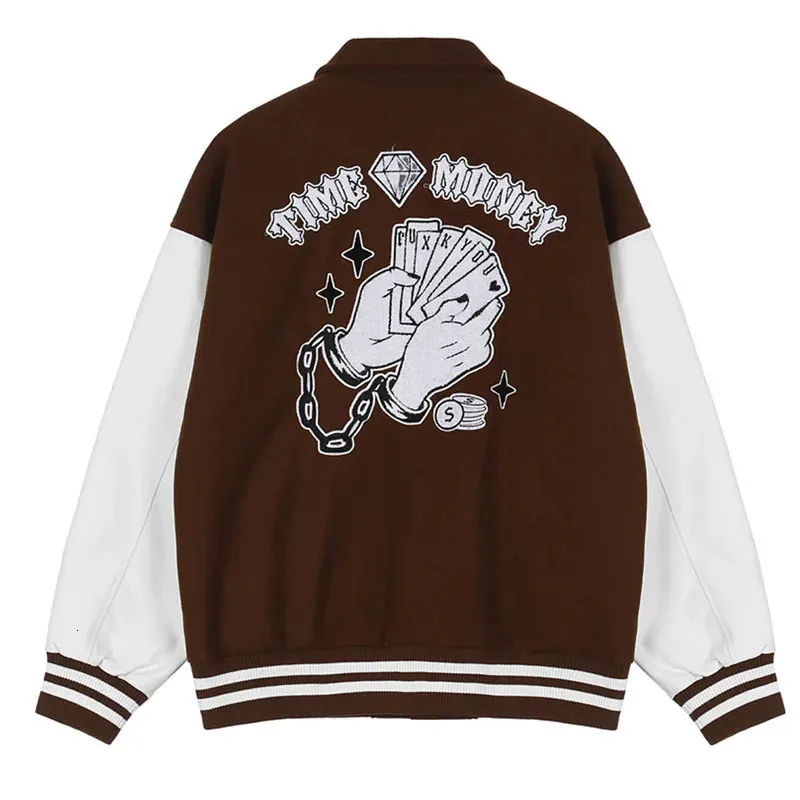 Vestes pour hommes Baseball Varsity Jacket Hommes Manches en cuir Brown Bomber Mâle Casual Oversize Femmes College Manteaux Flock Broderie Lettre 231122