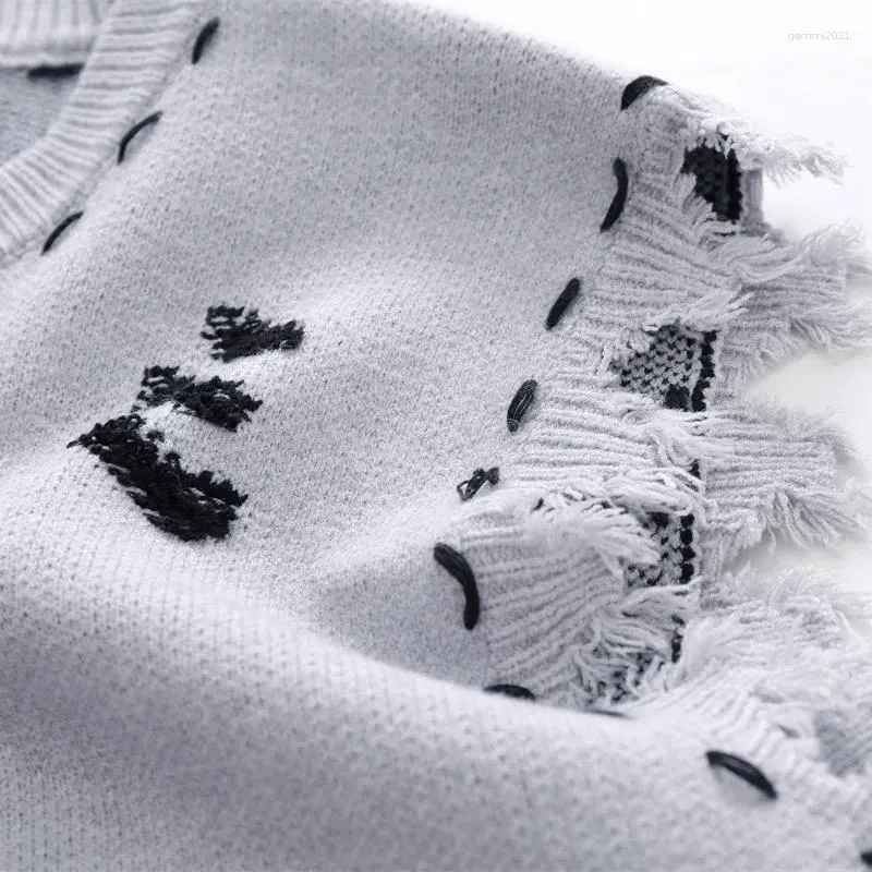 Gilets pour hommes Gilet en tricot vieilli pour hommes Gilet streetwear vintage Haruku troué à franges sans manches surdimensionné décontracté_voghion.com