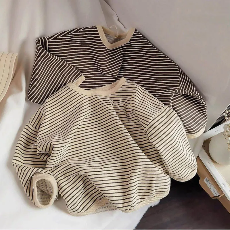 T-shirts Boys Sweaters Tees Spring Long Sleeve Korean Loose Striped Tops Children's T-shirts All-match Bottoming Girl Shirts 230422