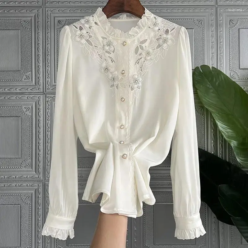 Blusas femininas branco oco flor camisa para mulher 2023 primavera moda de madeira orelha borda gola manga longa topo