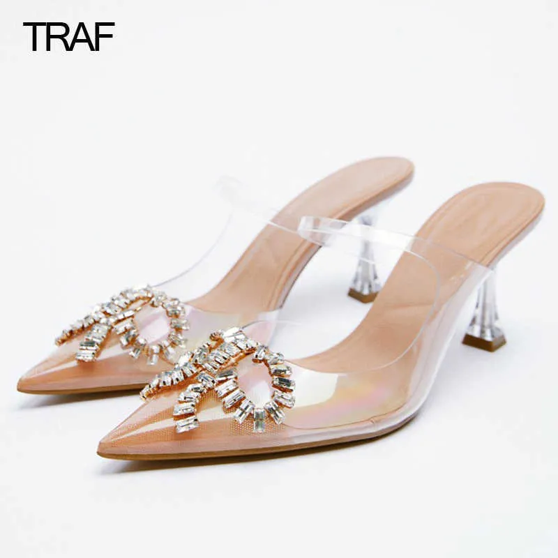 Scarpe eleganti TRAF Donna Fiocco con tacco trasparente Tacchi con strass Sandali Donna Décolleté Tacchi alti trasparenti Estate Donna Matrimoni Scarpe con cinturino alla caviglia