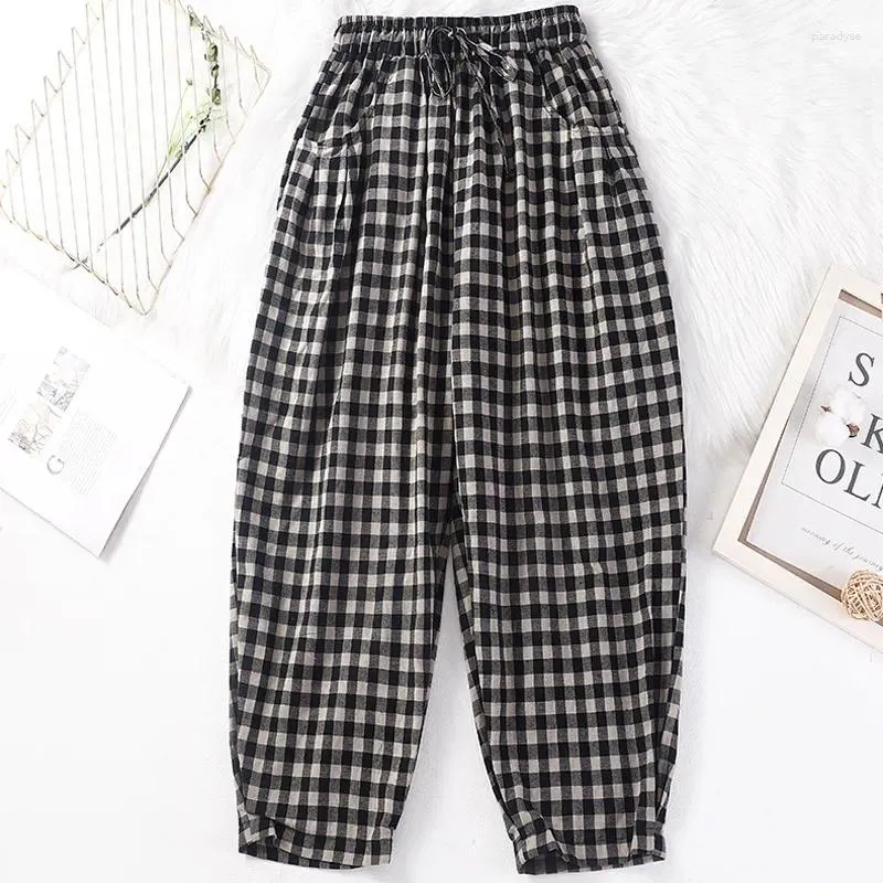 Kadın Pantolon Vintage Plaid Bolggy Kadın Gündelik Yüksek Bel Kore Moda Harajuku Street Giyim Trouser Pantalones de Mujer