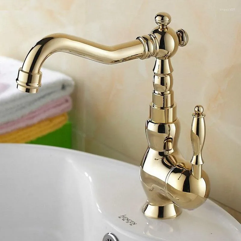 Kitchen Faucets Modern Gold Color Polished Brass Swivel Spout One Hole/Handle Kitchen/Bar Bathroom Sink Faucet &Cold Mixer Tap Agf053