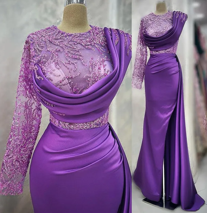 2023 апрель Aso Ebi Lavender Mermaid Prom Promply Кружевое атласное сексуальное вечернее вечера второй прием с днем ​​рождения платья платья Robe de Soiree ZJ605