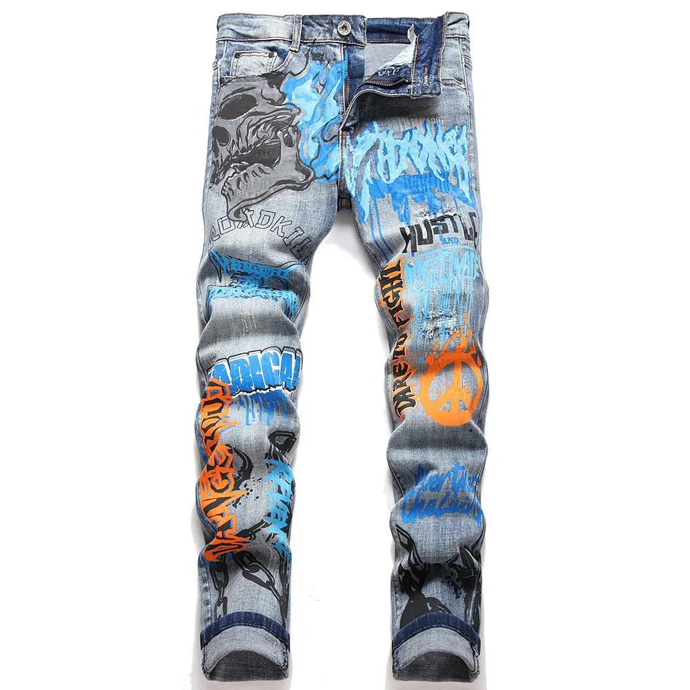 Distressed Graffiti Jeans Male Slim Fit Ripped Denim Trousers With