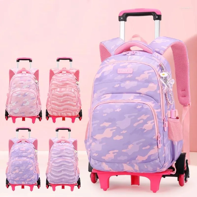 Schultaschen Kinder Mädchen Räder Abnehmbarer Trolley Rucksack Kinder Rollende Schultasche Reisekinderrucksäcke