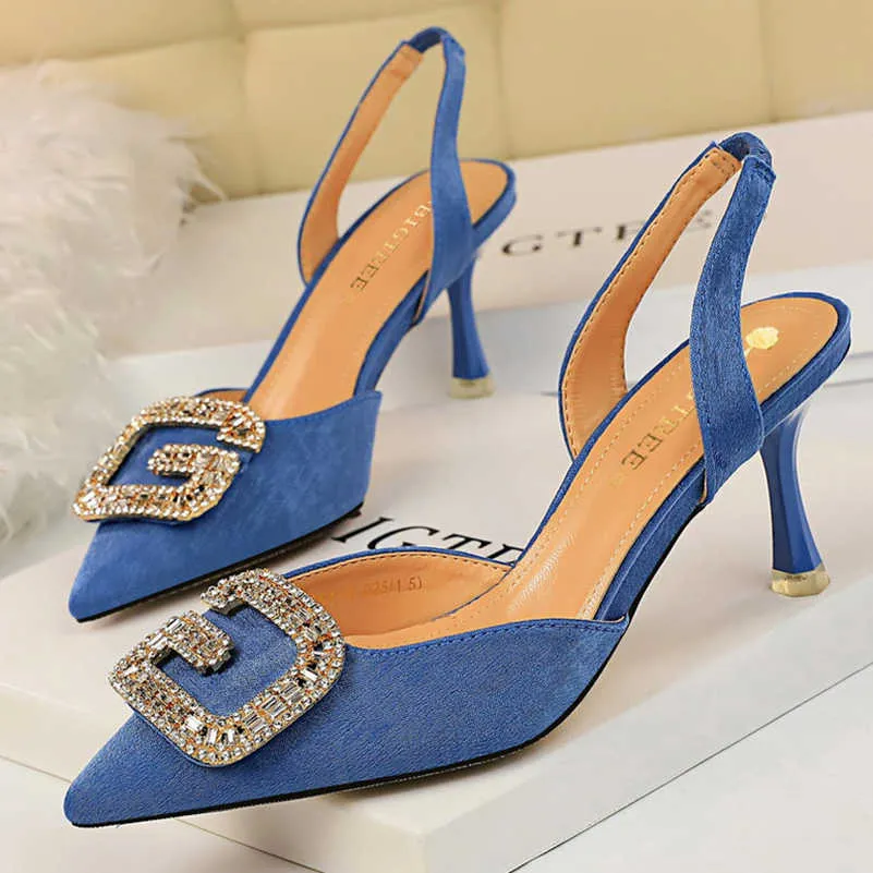 Scarpe eleganti 2023 Donna Estate 7 cm Sandali con tacco alto Lady Tacchi bassi Sandali di cristallo Slingback Diapositive da sposa Prom Scarpe blu gialle