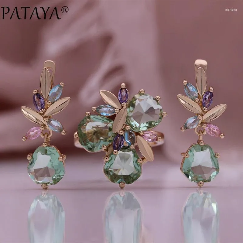 PATAYA – ensemble de boucles d'oreilles et collier pour femmes, bijoux à la mode, couleur or Rose, anneaux, pierre vert clair, losange, Zircon cubique, ensembles de mariage, 585