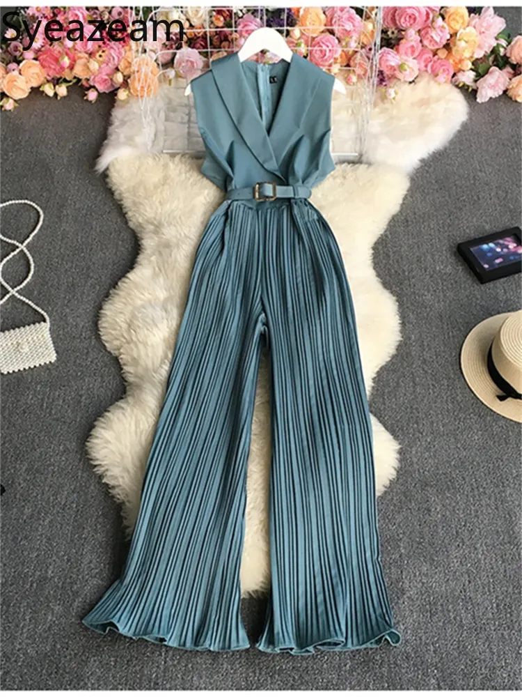 Women's Jumpsuits Rompers Hong Kong Style Retro Jumpsuits Women Belt Notched Collar Sleeveless Straps Wide Leg Pants Jump Suits for Ladies 230422