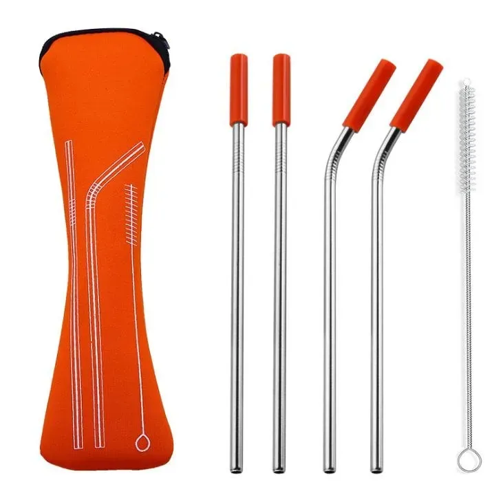 Stainless Steel straw bendable Sets With Pouch Bag Colorful Metal Straw With Silicone Tip Reusable Juice Straw Bar Tools 6pcs/Set