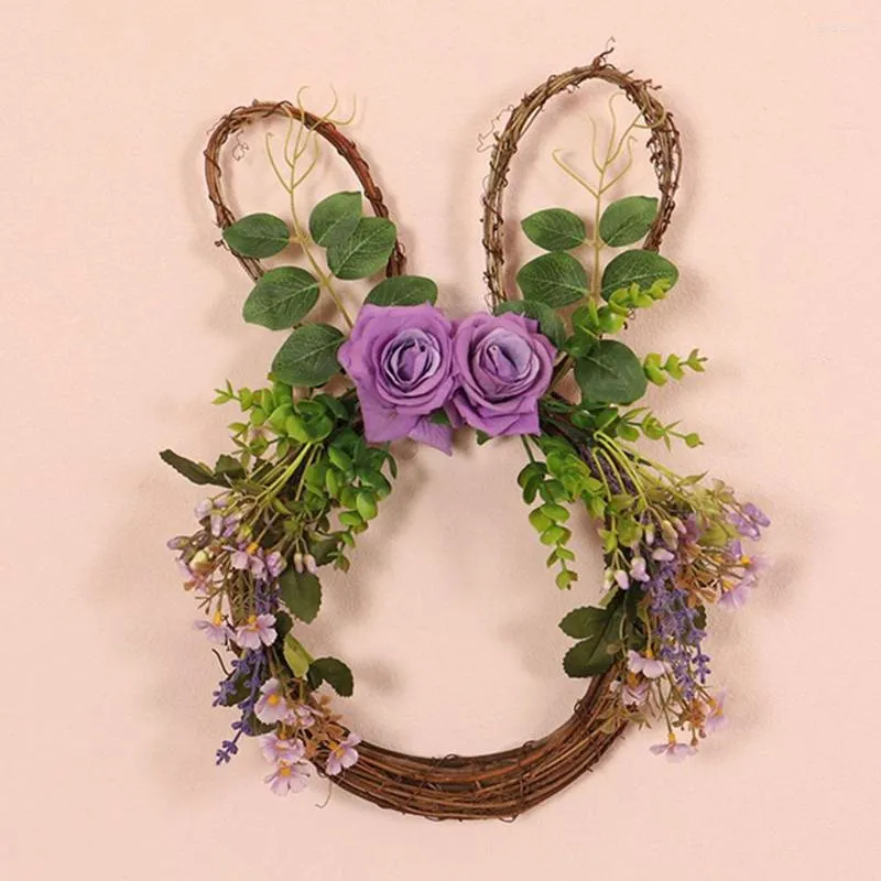 Decorative Flowers Easter Wreath Blossom Purple Rose With Green Leaves Rattan For Front Door Indoor Wall Window Reusable Decor