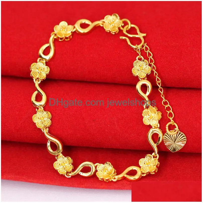 Charme Armbänder Frauen Gelbgold Armbänder Für Mädchen Echte 24 Karat Überzogene Blume Schmuck Mode Trendy Design Herz Charms Kettenarmband Dhggm