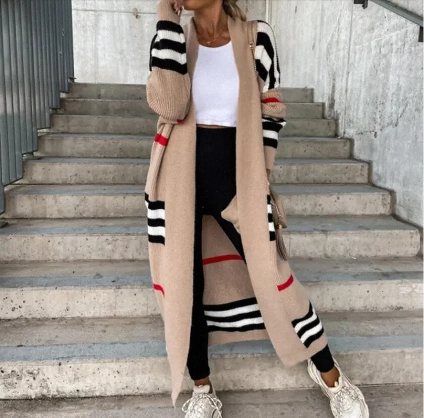 Trench da donna maglione lungo stile cardigan lavorato a maglia da donna elegante patchwork a righe capispalla lungo allentato cappotto maglione a maniche lunghe casual c1T3 #