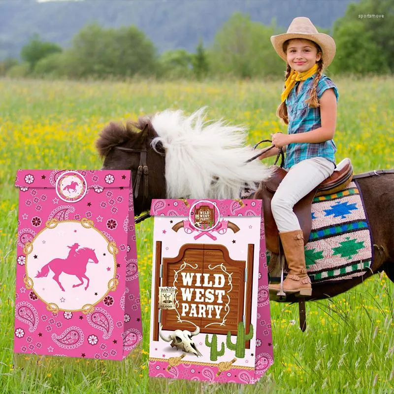 Geschenkwikkeling 12 stks cowgirl kraft papieren zakken roze meisje kinderdag themafeest cookie candy verpakking boxs stickers set