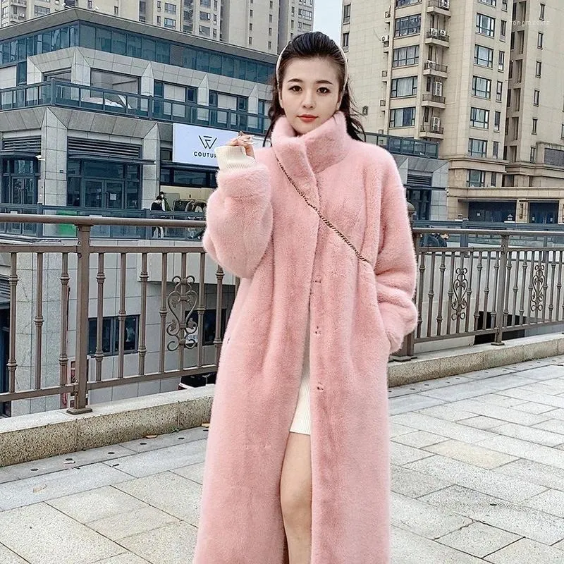 Pelliccia delle donne Coreane Delle Donne Solido Del Manicotto Pieno Del Cappotto Del Faux Del Collare Del Basamento Casual Slim Fit Regolare di Spessore Cappotti Splice Autunno Inverno 2023