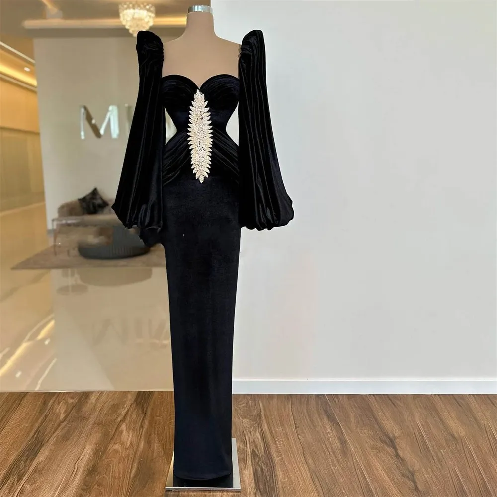 Дубай черная русалка знаменитость выпускное выпускное выпускное выпускное выпускное платье рукавов бисеры, любимая плиссированная женщина вечерние платья для вечеринок Арабия Дубай Робай де -Обет заказ на заказ