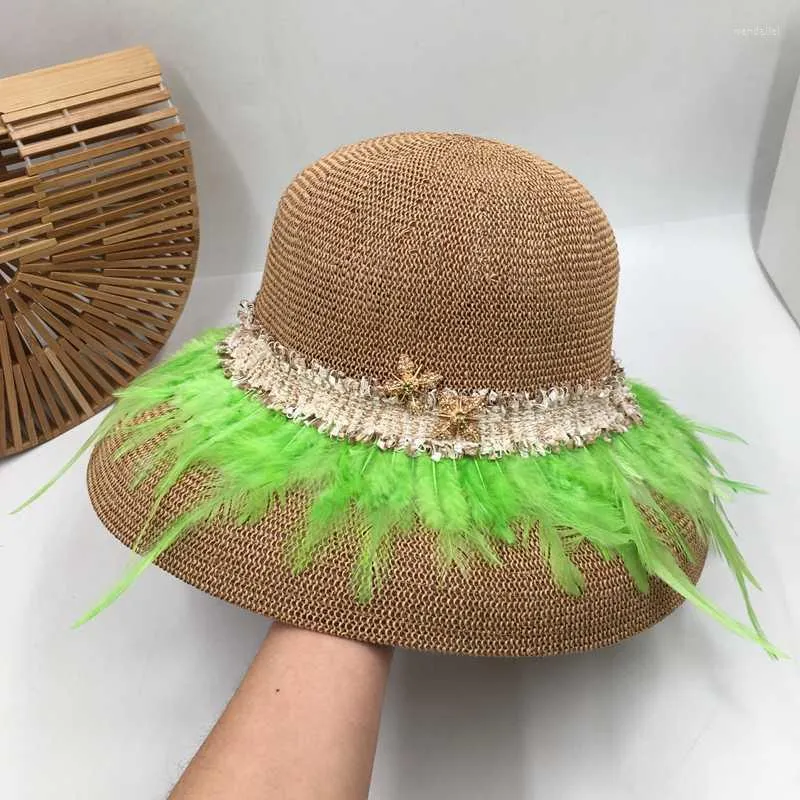 Szerokie brzegowe czapki letnie projektanta moda kolory jasnozielone pióra Hepburn Sun Hat Big minus Eaves Fisherman Bucket Hatswide