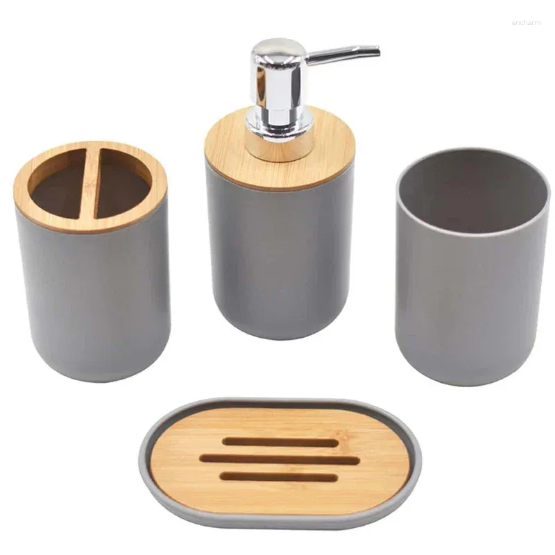 Badzubehör-Set 1 aus Badezimmerzubehör, 4-teilig, Toilettenartikel, Kunstharz-Kunststoff-Bambus-Holz-Kombination