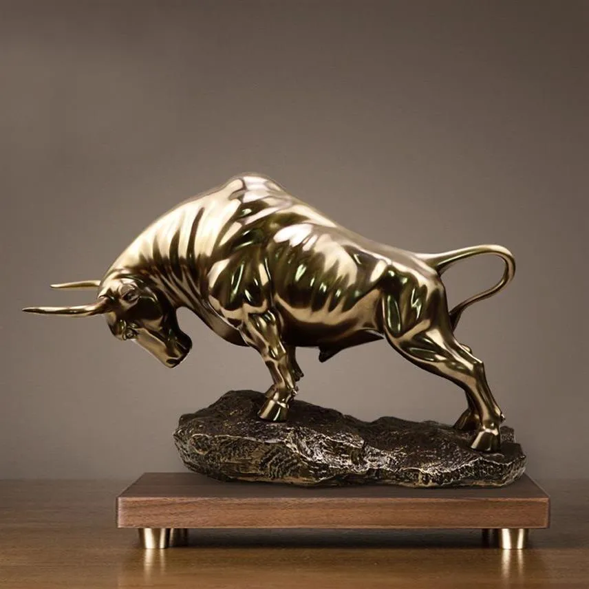 Ny Golden Wall Bull Figurine Street Sculptu Cold Cast Coppermarket Home Decoration Gift for Office Decoration Craft Ornament264a