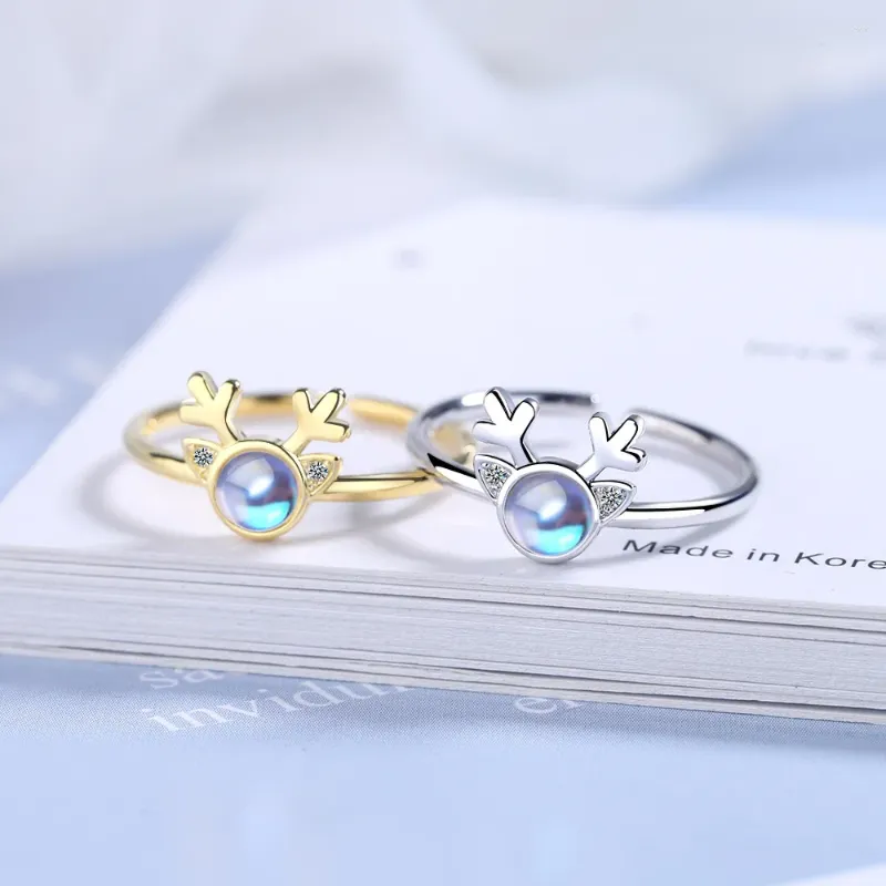 Cluster Rings Christmas Gifts For Women Girl Cute Deer Shiny Zircon Opal Jewelry Vintage Gold Silver Color Adjustable Party