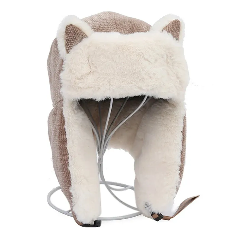 Chapeaux de trappeur d'hiver en coton chaud, résistant au froid, casquette avec oreilles de chat, couvre-oreilles pour femmes russes, en peluche épaisse, à rabat, 231122