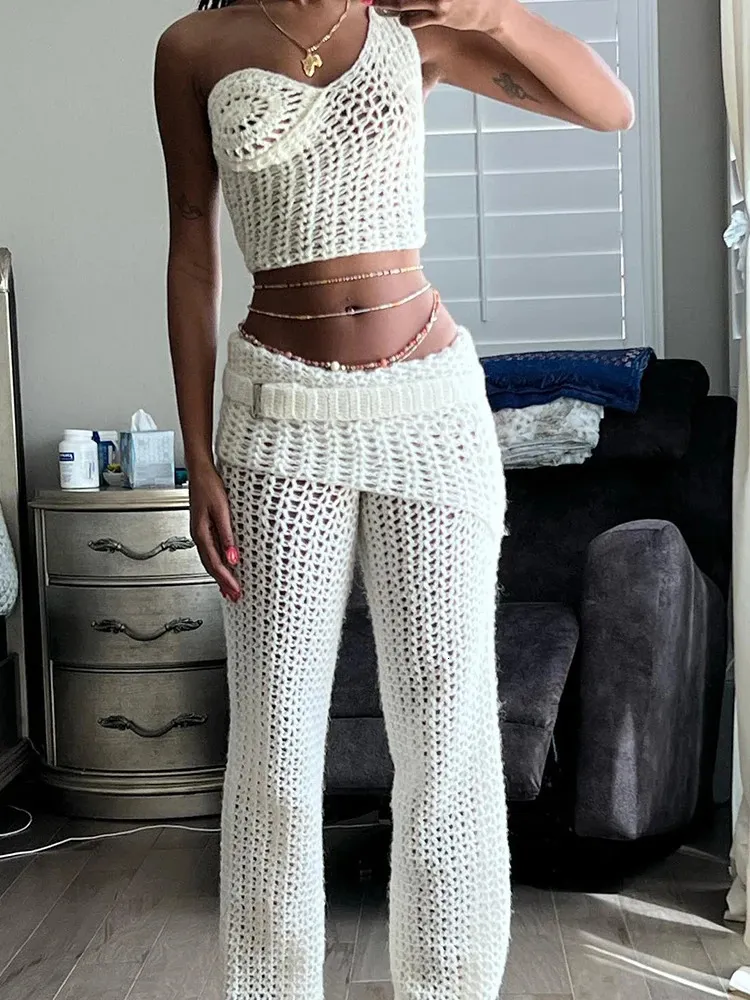 Tweedelige broek voor dames Weird Puss Crochet Onregelmatig Dames Elegant 2 sets Chic Tanktops Riemrok hipster trend Basic streetwear outfits 231121