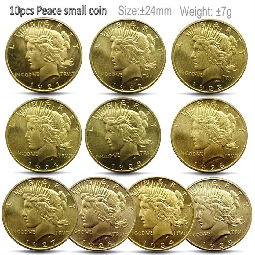 10 pezzi USA monete piccione per la pace 1921-1935 Copia realizzata piccola moneta in oro da 23 mm Decorazioni per la casa Collezione di set completo241Y