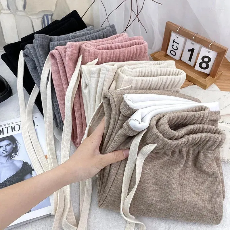 Calças masculinas imitação cashmere malha para mulheres 2023 pelúcia e espessada cintura alta tubo reto perna larga casual