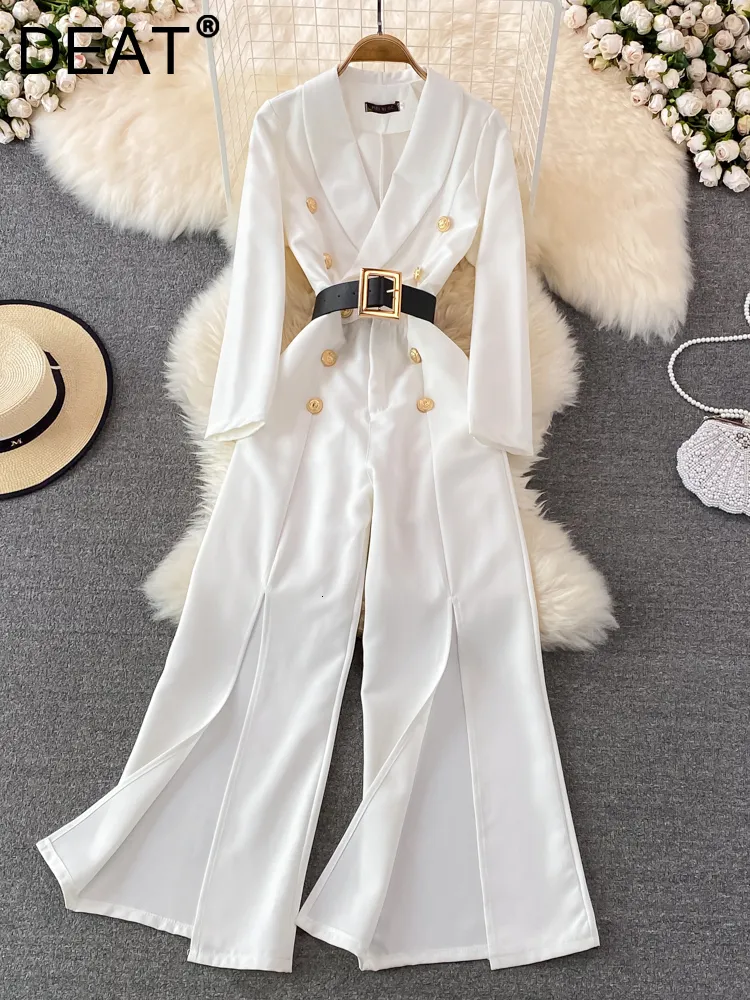 Women's Jumpsuits Rompers DEAT Women Doubel Breasted Belt Wide Leg Pants Jumpsuit Solid Color Fashion Temperament Spring Summer Hem Slit 11D9014 230422