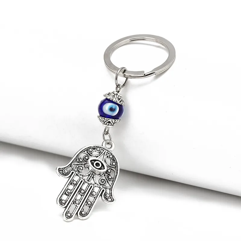 Antik silverlivslivslängd Charm Evil Eye Key Rings Keychain Fatima Hand Keyrings för grossist