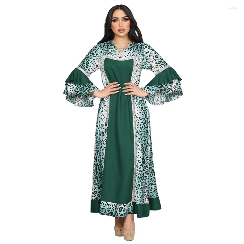 Ethnic Clothing 2023 Summer Elegant Muslim Women V-neck Long Sleeve Polyester Printing Abaya Fashion Dresses Dress