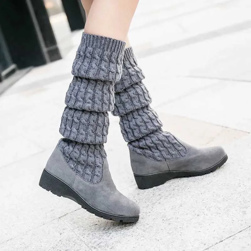 Femmes chaussettes Bottes printemps automne cuissardes femme tricot tissage laine longue botte sur genou élastique Bottes compensées Bottes