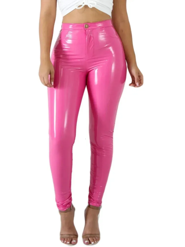 Kvinnors jeans latex pu läderbyxor kvinnor rosa svarta täta byxor streetwear mode hög midja blyertsbyxa kvinnliga smala bottnar 231121