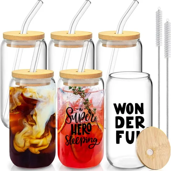 CA USA Warehouse Hot Sale 16oz Clear Clear Blank Libbey Sublimation Beer Jar Shape 유리 병이있는 대나무 뚜껑과 빨대