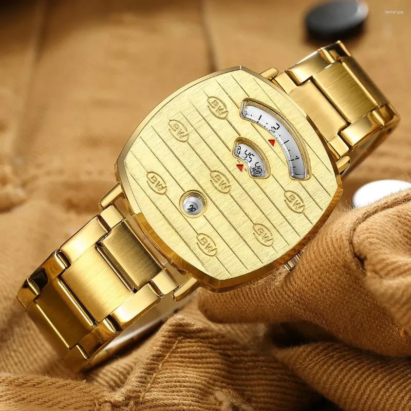 Wristwatches Luxury Men Watch Unusual Style Conceptual Dial Men's Quartz Wristwatch Full Gold Golden Body Brand Watches Hip Hop Man Clock