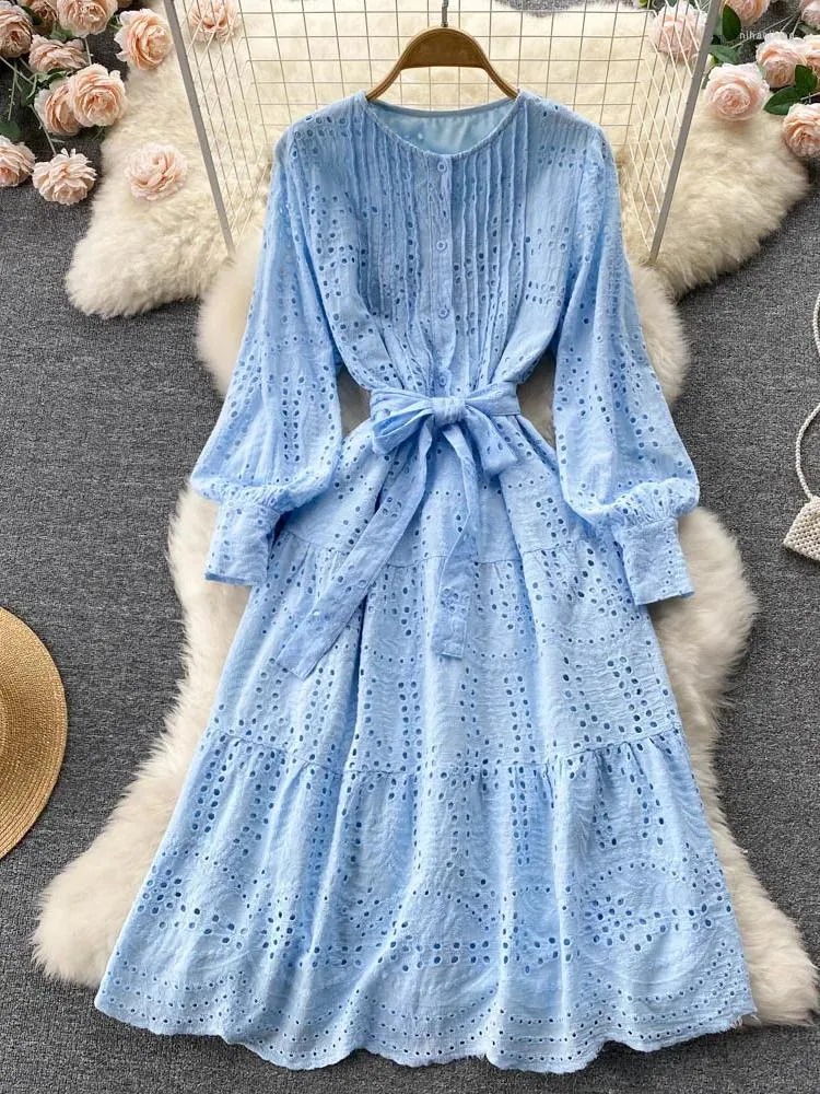 Casual Dresses XFPV 2023 Summer Fashion Korean Style Women Dress Lantern Sleeves O Neck Elegant Vacation Ladies A Line Beach Long