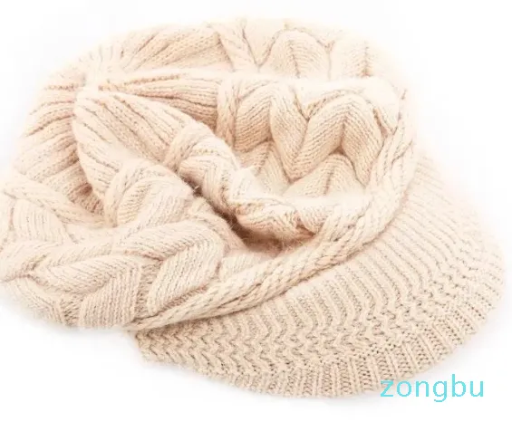 Bérets femmes chaud tricot chapeau laine neige Ski avec visière (Beige)