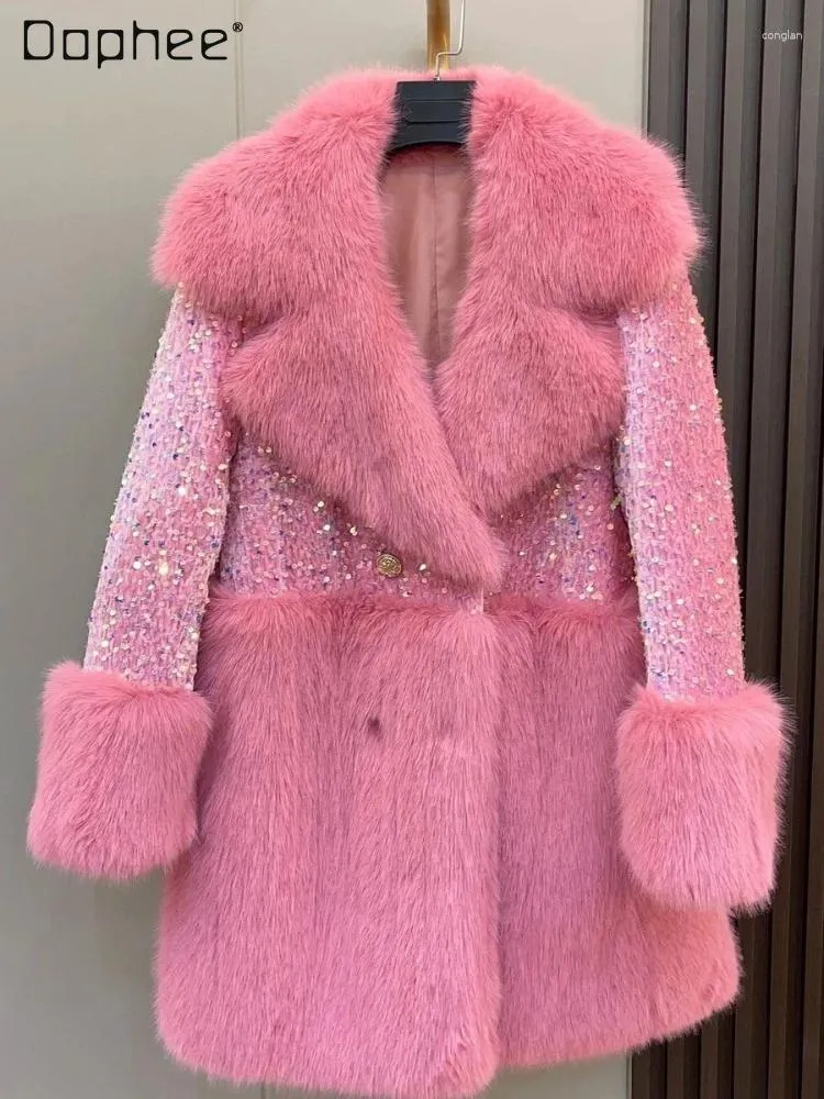 Women's Fur Fashionable Stitching Long Sleeve Faux Coat Female 2023 Winter Mink Warm Mid-Length Trend Sequins Thickened Women