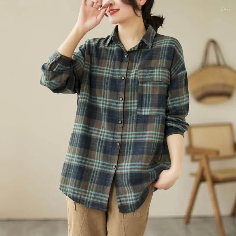 Women's Blouses Plaid Shirts For Women Loose Polo-neck Cotton Linen  Cardigan Long Sleeve Casual Korean Fashion Single Breasted Blouse Tops