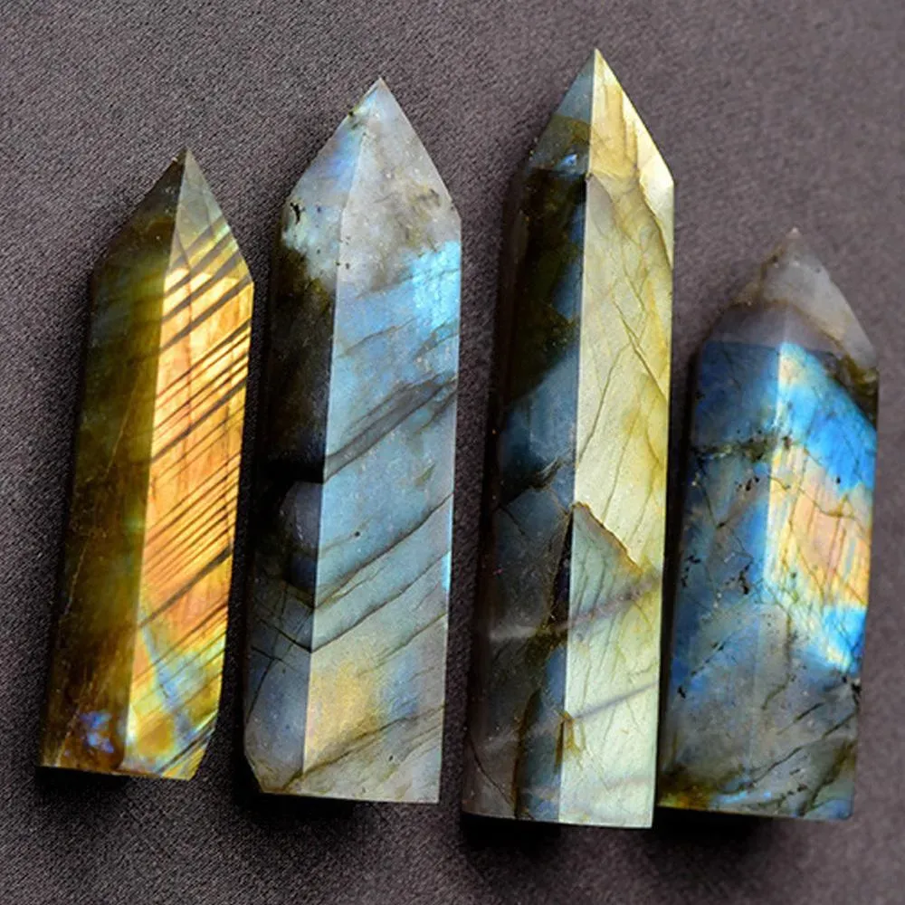 Labradorite Moonstone Quartz Crystal Stone Rhinestone Point Healing Hexagonal trollstavstorlek Slumpmässigt skicka