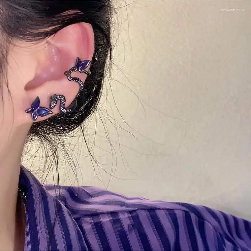 Boucles d'oreilles à dos de luxe violet en forme de serpent, Clip d'oreille, Punk, personnalité, tendance féminine, Piercing, bijoux