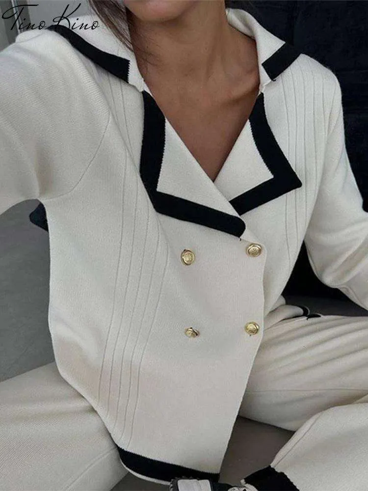 Stickad kostym Kvinnor Autumn Sailor Collar Long Sleeve Tops Paneled Straight Pants Female Piece Set Elegant Lady Suits