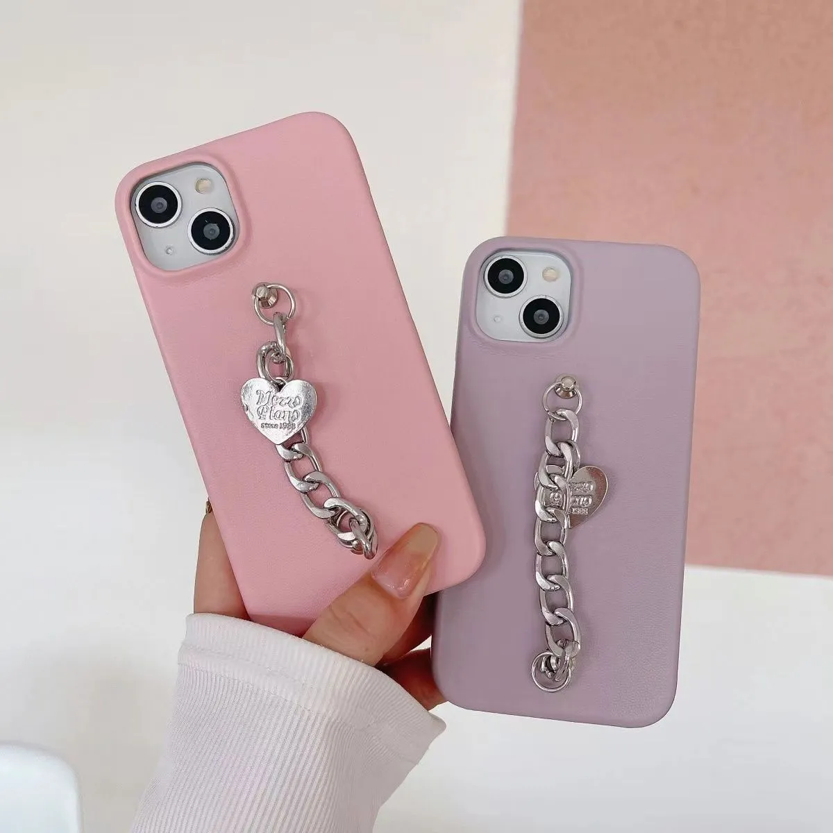 Designer Luxury Lychee Print Love Chain Couleur unie lettre étui de téléphone iPhone 15 14 14Pro 14Plus 13 12 Mini 11 Pro X XS Max XR Étui de téléphone de luxe