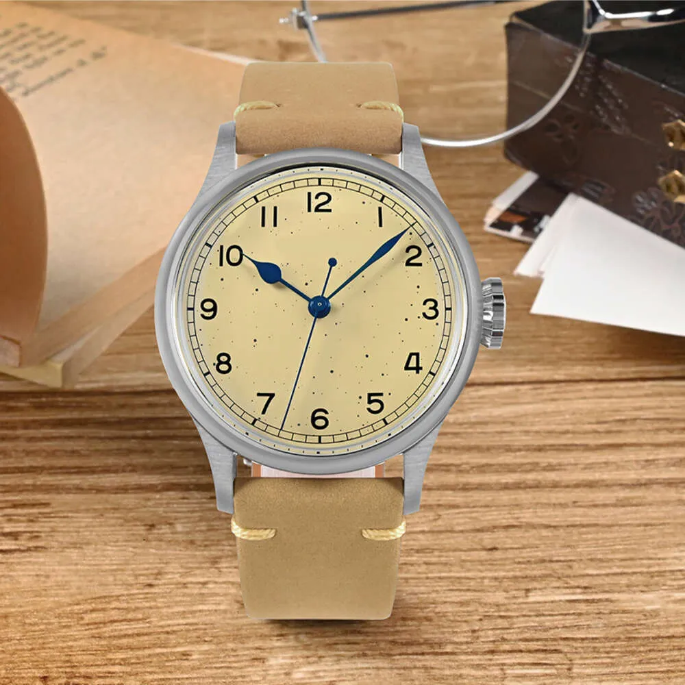 38,5 мм винтажные часы-пилот механические наручные часы на заказ Nh35 простой стиль веснушки циферблат мужские запеченные лаковые синие стрелки 10 бар 20 см