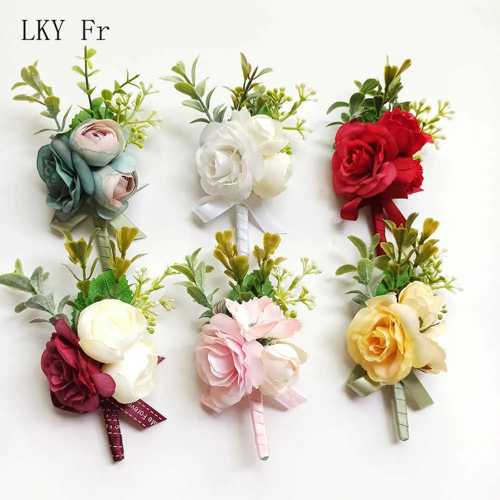 Inne modne akcesoria LKy Fr Boutonniere Wedding Nagarstka Corsage Bransoletka Kwiaty Sztuczne róże szpilki Białe guziki Małżeństwo Małże Mężczyzny J230422