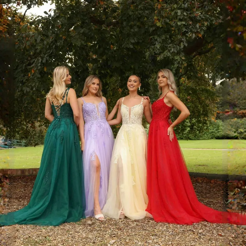 Elegante Tule Spaghetti Riemen Bruidsmeisje Jurken Sexy Side Split Appliqued Lace Labined Prom Jurken Van 139 6 DHgate